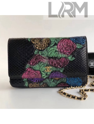 Chanel Python Leather Wallet On Chain WOC Bag Black Flower Print 2018