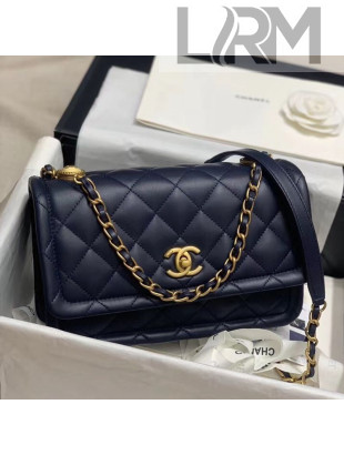 Chanel Quilted Lambskin Large Flap Bag with Metal Button AS2056 Navy Blue 2020