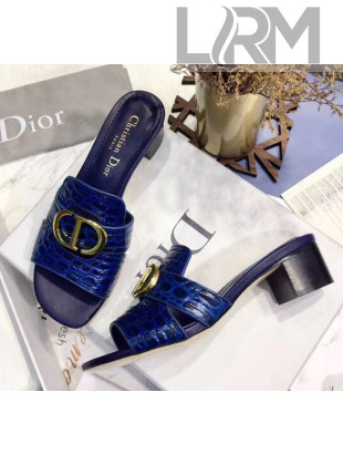 Dior 30 MONTAIGNE Heeled Slide Sandals in Crocodile Pattern Calfskin Blue 2020