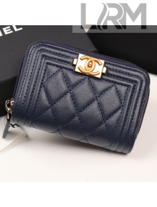 Chanel Quilted Grained Leather Boy Zipped Coin Purse A80602 Navy Blue 2019
