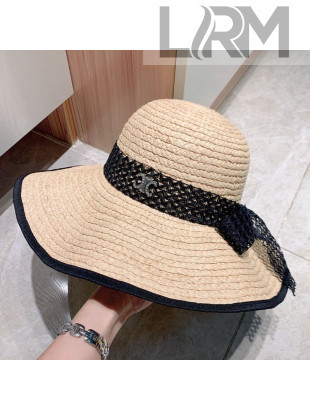 Celine Wave Raffia Straw Wide Brim Bucket Hat with Lace Band 2021