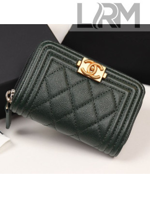 Chanel Quilted Grained Leather Boy Zipped Coin Purse A80602 Dark Green 2019