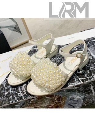 Chanel Calfskin & Pearls Flat Sandals With Strap White 2020