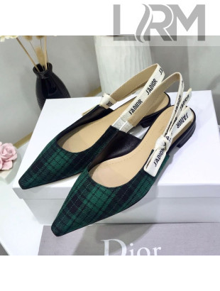 Dior J'Adior Flat Slingback Pump in Green Tartan Fabric 2019
