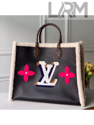 Louis Vuitton Onthego GM Tote Bag in Leather and Monogram Shearling Wool M56958 Black 2020