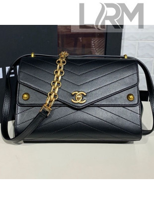 Chanel Chevron Calfskin Studded Charm Medium Flap Bag Black 2019