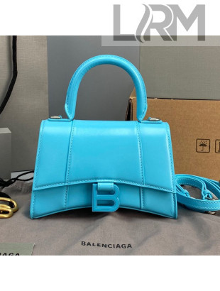 Balenciaga Hourglass Mini Top Handle Bag in Shiny Box Calfskin All Azur Blue 2021