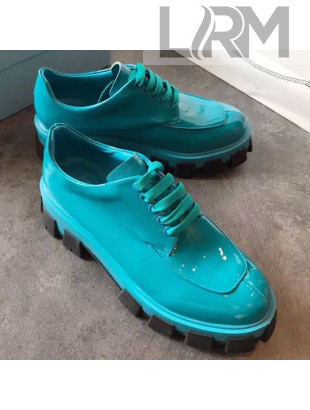 Prada Monolith Patent Leather Derby Platform Lace up Shoe Blue 2019