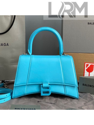 Balenciaga Hourglass Small Top Handle Bag in Shiny Box Calfskin All Azur Blue 2021