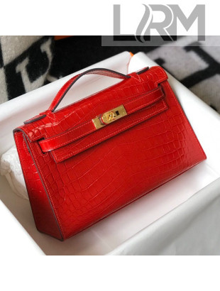 Hermes Mini Kelly Pochette 22cm in Crocodile Embossed Leather Red/Gold 2020