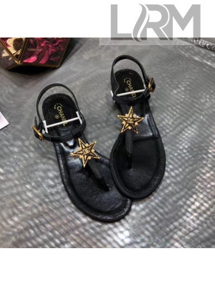 Chanel Grosgrain & Goatskin Flat Sandals With Star Buckle Black 2020