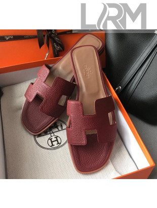 Hermes Oran H Flat Slipper Sandals in Togo Grainy Calfskin Burgundy 2021(Handmade)