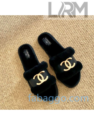 Chanel Wool Leather Flat Slide Sandals 03 Black 2020