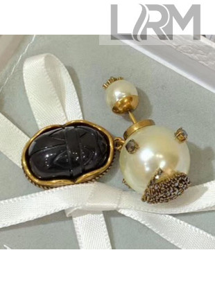 Dior Beetle Charm Tribales Pearl Earrings Aged Gold/White 2019