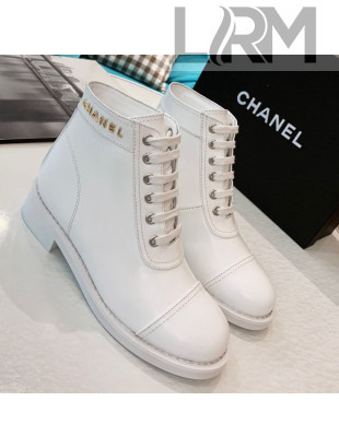 Chanel Calfskin Metal Logo Flat Short Boot White 2019