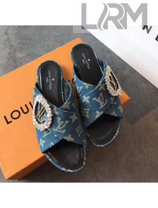 Louis Vuitton Canvas Cross Strap Flat Slide Sandal with Crystal Buckle Blue 2020