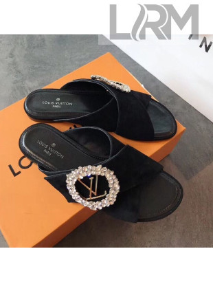 Louis Vuitton Canvas Cross Strap Flat Slide Sandal with Crystal Buckle Black 2020