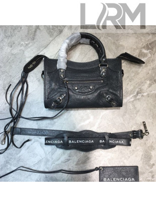 Balenciaga Classic City Mini Bag in Crinkle Lambskin with Logo Strap Dark Grey/Silver 2021