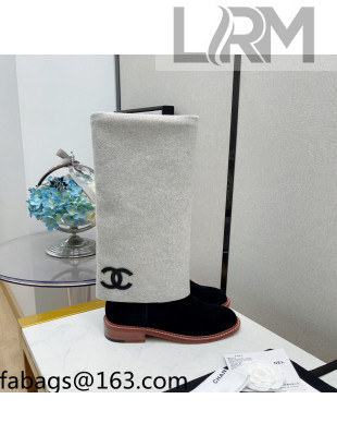 Chanel Suede & Wool Blend High Boots Black/Gray 2021 