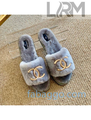 Chanel Wool Metal CC Flat Slide Sandals 06 Gray 2020