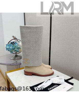 Chanel Suede & Wool Blend High Boots Apricot/Gray 2021 
