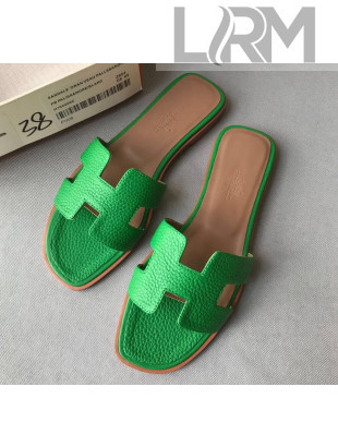 Hermes Oran H Flat Slipper Sandals in Togo Grainy Calfskin Green 03 2021(Handmade)