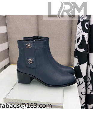 Chanel Calfskin Ankle Short Boots 4.5cm with CC Buckle Navy Blue 2021 