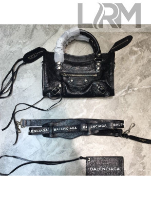 Balenciaga Classic City Mini Bag in Crinkle Lambskin with Logo Strap Black/Silver 2021