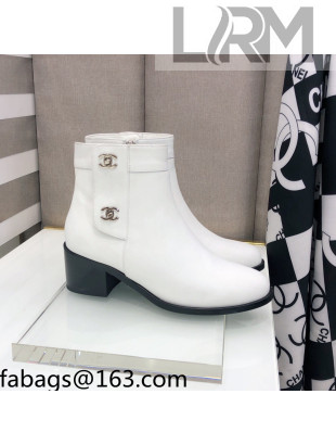 Chanel Calfskin Ankle Short Boots 4.5cm with CC Buckle White 2021 