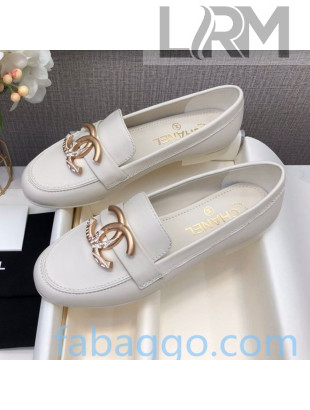 Chanel Lambskin Metal CC Flat Loafers White 2020