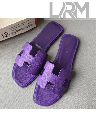Hermes Oran H Flat Slipper Sandals in Togo Grainy Calfskin Purple 2021(Handmade)