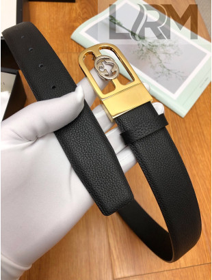 Gucci Grained Calfskin Belt 35mm with Metal Interlocking G Buckle Black/Gold 2019