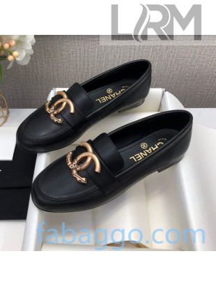 Chanel Lambskin Metal CC Flat Loafers Black 2020