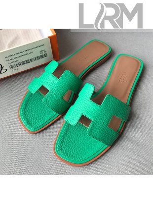 Hermes Oran H Flat Slipper Sandals in Togo Grainy Calfskin Green 04 2021(Handmade)