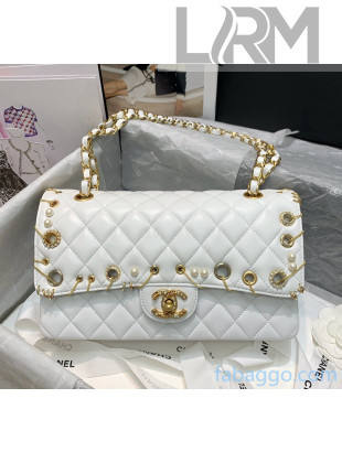 Chanel Quilted Lambskin Classic Flap Bag With Pearls and Chain White 2020