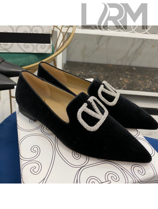 Valentino Crystal VLogo Velvet Flat Loafers with Pointed Toe Black 2021