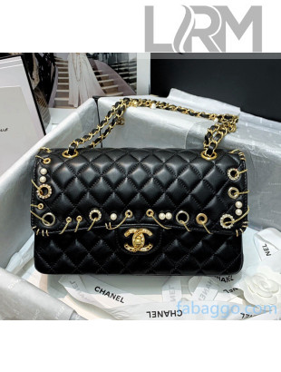 Chanel Quilted Lambskin Classic Flap Bag With Pearls and Chain Black 2020