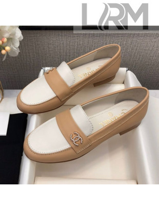 Chanel Lambskin Pearl CC Flat Loafers Beige/White 2020