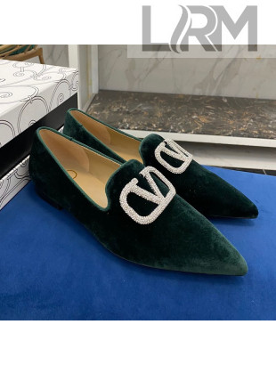 Valentino Crystal VLogo Velvet Flat Loafers with Pointed Toe Green 2021