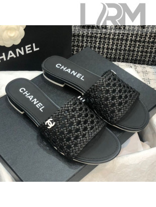 Chanel Shiny Braided Goatskin Flat Slide Sandals G37405 Black 2021
