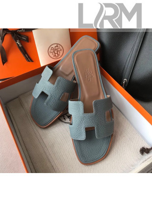 Hermes Oran H Flat Slipper Sandals in Togo Grainy Calfskin Blue-Grey 2021(Handmade)
