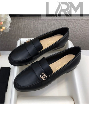 Chanel Lambskin Pearl CC Flat Loafers Black Leather 2020