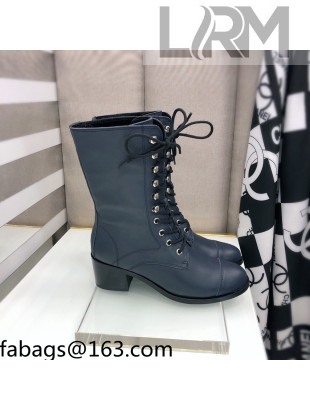 Chanel Nappa Leather Lace-ups Boots 4.5cm Navy Blue 2021 