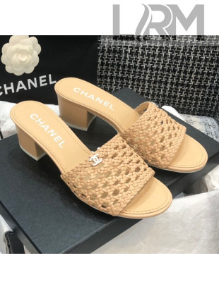 Chanel Shiny Braided Goatskin Heel Slide Sandals G37405 Beige 2021