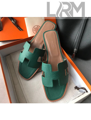 Hermes Oran H Flat Slipper Sandals in Togo Grainy Calfskin Green 05 2021(Handmade)