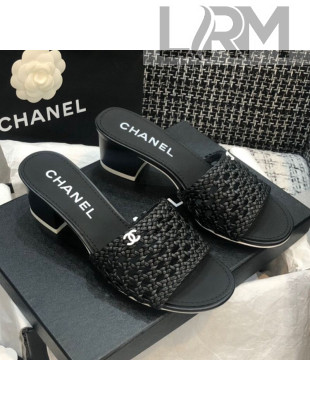 Chanel Shiny Braided Goatskin Heel Slide Sandals G37405 Black 2021