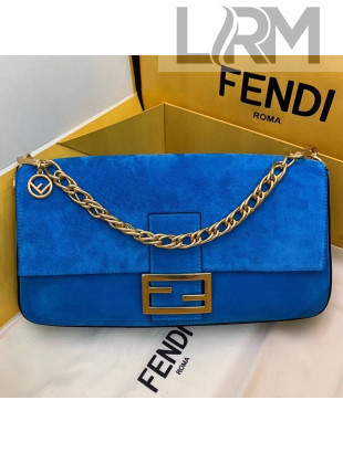 Fendi Suede Large Baguette Flap Shoulder Bag Blue 2019 308L
