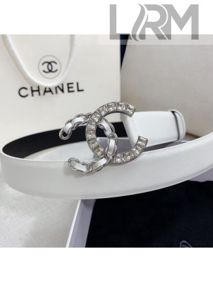 Chanel Calfskin Belt 30mm with Crystal and Leather CC Buckle White 2021