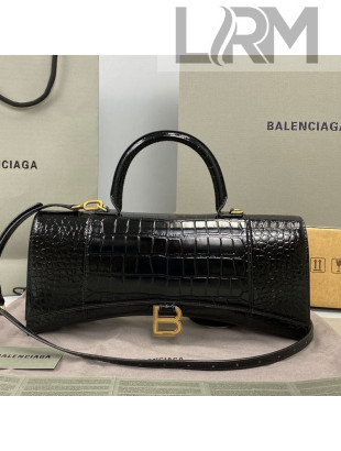 Balenciaga Hourglass Streched Top Handle Bag in Shiny Crocodile Calfskin 92945 Black/Gold 2021