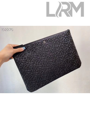 Chanel Camellia Grained Calfskin Large Pouch A82277 Black 2020